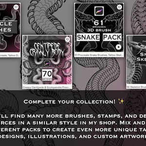 May include: A digital collection of Procreate brush sets featuring 31 tentacle brushes, 70 centipede body brushes, 61 3D snake brushes, and 56 snake skeleton brushes. Each square graphic displays the brush count, title, and the Procreate app icon.