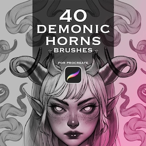 Könnte beinhalten: Digitales Kunstwerk einer Frau mit langen, hellen Haaren, spitzen Ohren und dunklen Hörnern. Der Text "40 DEMONIC HORNS BRUSHES" und das Procreate App-Logo sind enthalten. Der Hintergrund hat einen Grau-Rosa-Verlauf.