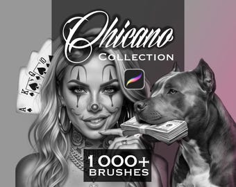 Könnte beinhalten: Eine digitale Illustration mit einer Person mit Clown-Gesichtsbemalung, langem Haar und Creolen, neben einem Pitbull, der einen Stapel Bargeld hält. Spielkarten sind im Hintergrund zu sehen. Text: Chicano COLLECTION und 1000+ BRUSHES.