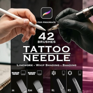 May include: A digital brush set for Procreate featuring 42 tattoo needle designs. The graphic displays text reading 42 BRUSHES TATTOO NEEDLE, LINERWORK - WHIP SHADING - SHADING, and includes visual examples of M, RM, RL, and RS needle configurations.