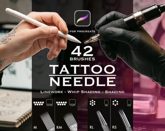 Könnte beinhalten: Ein digitales Pinselset für Procreate mit 42 Tattoo-Nadel-Designs. Die Grafik zeigt den Text 42 BRUSHES TATTOO NEEDLE, LINERWORK - WHIP SHADING - SHADING sowie visuelle Beispiele für die Nadelkonfigurationen M, RM, RL und RS.
