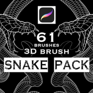 Może przedstawiać: Czarno-biała ilustracja cyfrowa przedstawiająca dwa stylizowane węże. Obraz zawiera tekst "61 BRUSHES 3D BRUSH SNAKE PACK" oraz ikonę aplikacji Procreate.