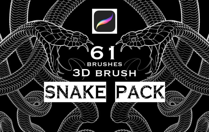 May include: A digital graphic featuring two white line-art snakes on a black background. The text reads 61 BRUSHES 3D BRUSH SNAKE PACK, accompanied by a Procreate app icon. The design displays intricate scale patterns and open mouths with fangs.