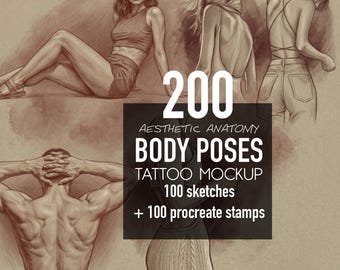 Könnte beinhalten: Sepiafarbene Illustration mit Skizzen menschlicher Figuren in verschiedenen Posen. Der Text "200 Aesthetic Anatomy Body Poses Tattoo Mockup" ist enthalten, mit 100 Skizzen und 100 Procreate-Stempeln.