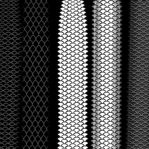 May include: A collection of seven vertical panels displaying various monochromatic scale patterns. The designs range from dark charcoal and black textures to bright white and silver gradients, each featuring repeating, overlapping, rounded scale shapes.
