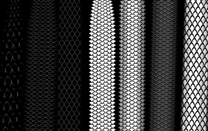 May include: A collection of seven vertical panels displaying various monochromatic scale patterns. The designs range from dark charcoal and black textures to bright white and silver gradients, each featuring repeating, overlapping, rounded scale shapes.