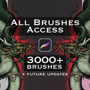 Könnte beinhalten: Eine digitale Grafik mit zwei symmetrischen grünen Drachen mit detaillierten Schuppen und Hörnern, die sich gegenüberstehen. Der Text lautet ALL BRUSHES ACCESS, 3000+ BRUSHES und + FUTURE UPDATES, zentriert um ein Procreate-App-Symbol.