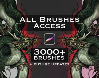 Könnte beinhalten: Eine digitale Grafik mit zwei symmetrischen grünen Drachen mit detaillierten Schuppen und Hörnern, die sich gegenüberstehen. Der Text lautet ALL BRUSHES ACCESS, 3000+ BRUSHES und + FUTURE UPDATES, zentriert um ein Procreate-App-Symbol.