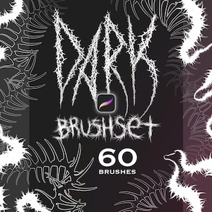 May include: A digital graphic featuring the text DARK BRUSHSET and 60 BRUSHES in a stylized, thorny font. The background is dark with white, jagged, vine-like illustrations. A Procreate app icon is centered between the text lines.