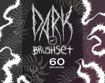 Puede incluir: Un gráfico digital con el texto DARK BRUSHSET y 60 BRUSHES en una fuente estilizada y espinosa. El fondo es oscuro con ilustraciones blancas de formas dentadas similares a enredaderas. Un icono de Procreate está centrado.