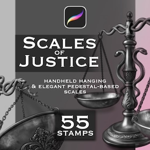55 sellos de Procreate con diseño de balanza de la justicia - Pinceles para tatuajes con diseño de balanza de Themis