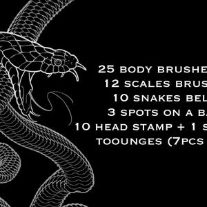 May include: A white line art illustration of a snake on a black background with text listing: 25 BODY BRUSHES 3D, 12 SCALES BRUSHES, 10 SNAKES BELLY, 3 SPOTS ON A BACK, 10 HEAD STAMP + 1 STAMP OF TOOUNGES (7PCS IN 1). The snake is coiled and open-mouthed.
