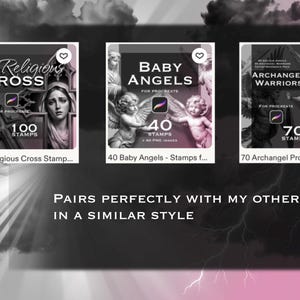 May include: Three digital product listings for Procreate featuring Religious Cross with 100 stamps, Baby Angels with 40 stamps, and Archangel Warriors with 70 stamps. The text reads: Pairs perfectly with my other packs in a similar style.