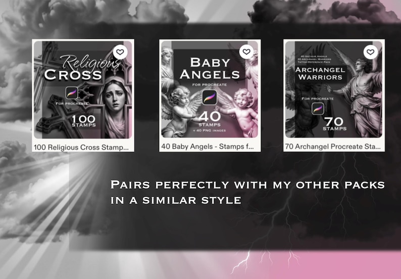 May include: Three digital product listings for Procreate featuring Religious Cross with 100 stamps, Baby Angels with 40 stamps, and Archangel Warriors with 70 stamps. The text reads: Pairs perfectly with my other packs in a similar style.