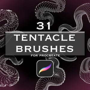 May include: Digital art graphic featuring white tentacle illustrations on a dark burgundy background. The text reads "31 TENTACLE BRUSHES FOR PROCREATE" with the Procreate app logo.