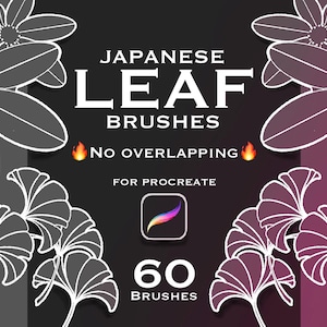May include: Digital art graphic featuring the text "Japanese Leaf Brushes" with floral and leaf illustrations. The image includes the Procreate app logo and the text "60 Brushes". The background transitions from gray to a deep purple.