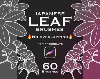 May include: Digital art graphic featuring the text "Japanese Leaf Brushes" with floral and leaf illustrations. The image includes the Procreate app logo and the text "60 Brushes". The background transitions from gray to a deep purple.
