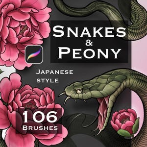 May include: A digital art set featuring 106 brushes for Procreate, titled Snakes & Peony Japanese Style. The graphic displays two large pink peony flowers with green leaves and a green snake with an open mouth, all set against a black background.