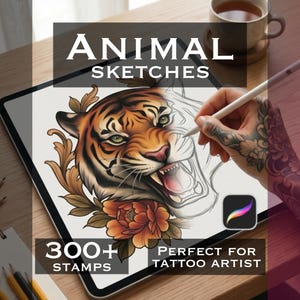 May include: A digital tablet displaying a tiger head illustration with floral accents and the text ANIMAL SKETCHES, 300+ STAMPS, and PERFECT FOR TATTOO ARTIST. The screen shows a partially colored tiger design being edited with a stylus.