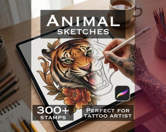 Könnte beinhalten: Ein digitales Tablet mit einer Tigerkopf-Illustration mit floralen Akzenten und dem Text ANIMAL SKETCHES, 300+ STAMPS und PERFECT FOR TATTOO ARTIST. Der Bildschirm zeigt ein teilweise koloriertes Tigerdesign, das mit einem Stift bearbeitet wird.