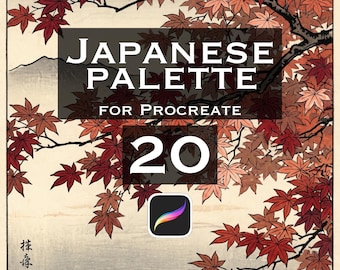 Puede incluir: Un gráfico digital con hojas de arce rojas y naranjas sobre un fondo claro. El texto dice JAPANESE PALETTE FOR PROCREATE 20, acompañado del icono de la aplicación Procreate. El diseño incluye un recuadro negro para el texto.