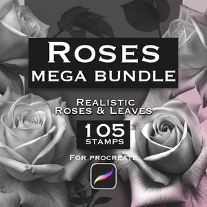 May include: A digital graphic featuring grayscale roses and leaves with the text ROSES MEGA BUNDLE, REALISTIC ROSES & LEAVES, 105 STAMPS, FOR PROCREATE, and a colorful brush icon. The background transitions from a dark gray to a soft pink gradient.