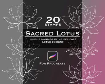 Könnte beinhalten: Eine digitale Sammlung von 20 weißen Lotusblüten-Stempeln als Strichzeichnung für Procreate. Die Grafik enthält den Text 20 STAMPS, SACRED LOTUS, UNIQUE HAND-DRAWING DELICATE LOTUS DESIGNS und FOR PROCREATE vor einem Hintergrund mit Farbverlauf.