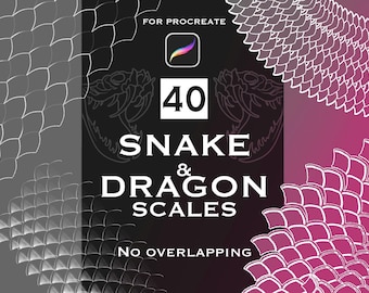 Puede incluir: Un gráfico digital para Procreate que presenta 40 pinceles de escamas de serpiente y dragón. El diseño incluye patrones de escamas blancas sobre un fondo degradado negro y magenta con el texto 40 SNAKE & DRAGON SCALES y NO OVERLAPPING.