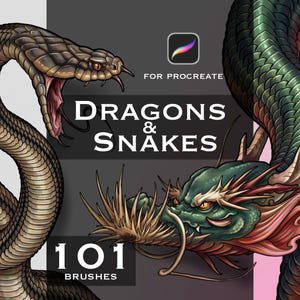 May include: A digital illustration featuring a brown snake with an open mouth on the left and a green dragon on the right. The text reads Dragons & Snakes, 101 Brushes, and For Procreate, accompanied by the Procreate app icon logo.
