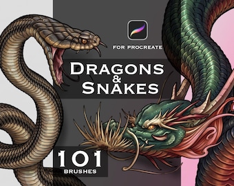 Puede incluir: Una ilustración digital que muestra una serpiente marrón con la boca abierta a la izquierda y un dragón verde a la derecha. El texto dice Dragons & Snakes, 101 Brushes y For Procreate, junto al icono de la aplicación Procreate.