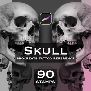 May include: A digital collection of 90 skull stamps for Procreate tattoo reference. The image features multiple grey-toned human skull illustrations in various angles and positions, with the text SKULL PROCREATE TATTOO REFERENCE 90 STAMPS.