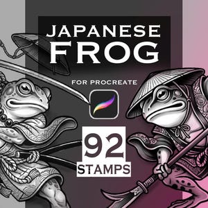 Puede incluir: Ilustración de dos ranas guerreras con vestimenta japonesa, una con espada y otra con lanza. La imagen incluye el texto "JAPANESE FROG" y "FOR PROCREATE", el logotipo de la aplicación Procreate y el texto "92 STAMPS". El fondo es un degradado gris y rosa.