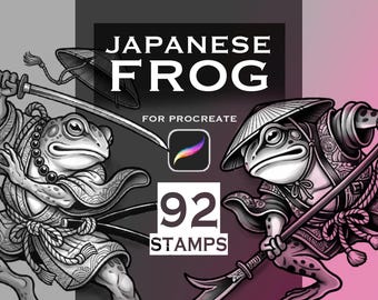 Könnte beinhalten: Illustration von zwei Froschkriegern in japanischer Kleidung, einer mit Schwert und der andere mit Speer. Der Text "JAPANESE FROG" und "FOR PROCREATE", das Procreate App-Logo und der Text "92 STAMPS" sind enthalten. Der Hintergrund ist ein Grau-Rosa-Verlauf.