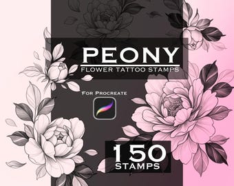 Könnte beinhalten: Digitales Grafikset mit 150 Pfingstrosen-Tattoo-Stempeln für Procreate. Das Design zeigt schwarz-weiße Strichzeichnungen von blühenden Pfingstrosen und Blättern vor einem dunkelgrauen und zartrosa Hintergrund mit dem Text PEONY FLOWER TATTOO STAMPS.
