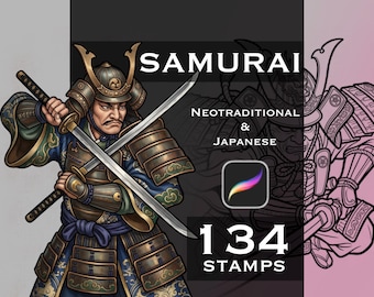 Könnte beinhalten: Eine digitale Illustration eines Samurai in dunkelblauer und bronzefarbener Rüstung, der zwei gekreuzte Schwerter hält. Der Text lautet SAMURAI NEOTRADITIONAL & JAPANESE 134 STAMPS mit einem Procreate-Symbol. Das Bild enthält eine farbige und eine Strichzeichnung.