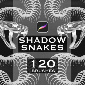 Pode incluir: Um gráfico digital apresentando duas ilustrações simétricas de esqueletos de cobras brancas em um fundo cinza escuro. O ícone do aplicativo Procreate está centralizado acima do texto SHADOW SNAKES e 120 BRUSHES, em letras brancas sobre blocos pretos.