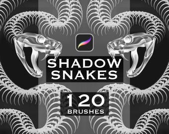 Könnte beinhalten: Eine digitale Grafik mit zwei symmetrischen, weißen Skelett-Schlangen-Illustrationen auf dunkelgrauem Hintergrund. Das Procreate-App-Symbol ist über dem Text SHADOW SNAKES und 120 BRUSHES zentriert, dargestellt in weißer Schrift auf schwarzen Blöcken.