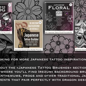 May include: A digital collection of Procreate brush sets featuring Japanese frog stamps, floral sets with 220 brushes, and Irezumi background brushes. The image displays four square product thumbnails with text overlays and a large frog illustration.