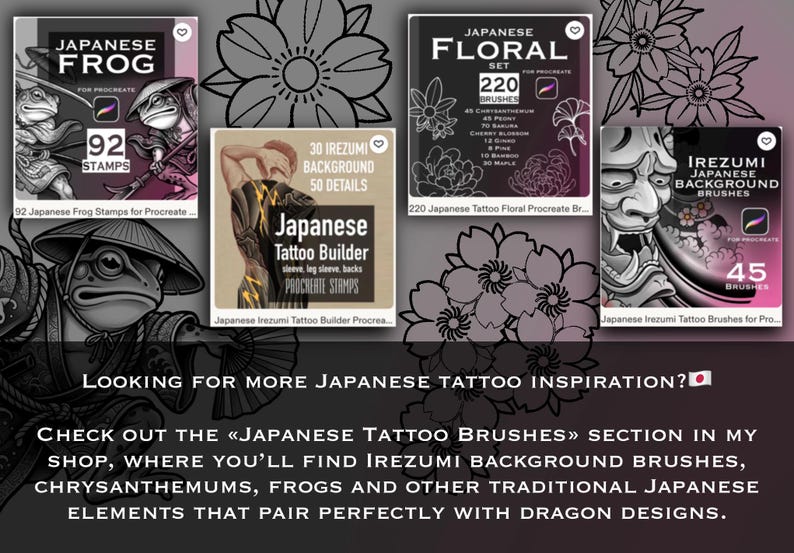 May include: A digital collection of Procreate brush sets featuring Japanese frog stamps, floral sets with 220 brushes, and Irezumi background brushes. The image displays four square product thumbnails with text overlays and a large frog illustration.