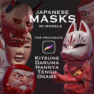 Puede incluir: Imagen que muestra varias máscaras japonesas, incluyendo Kitsune, Daruma, Hannya, Tengu y Okame. Son modelos 3D para Procreate. Las máscaras son rojas, blancas y negras.