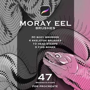 Pode incluir: Pincéis de arte digital para Procreate com um design de moreia. A imagem exibe o texto "MORAY EEL BRUSHES" e lista 30 pincéis de corpo, 4 pincéis de esqueleto, 10 carimbos de cabeça e 3 ossos de barbatana. A imagem também diz "47 BRUSHES & STAMPS FOR PROCREATE".