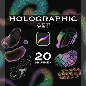 Può includere: Un set di pennelli digitali per Procreate intitolato HOLOGRAPHIC SET 20 BRUSHES. L'immagine mostra varie forme astratte con texture olografiche iridescenti in tonalità viola, verde e blu su sfondo scuro, con l'icona dell'app Procreate in evidenza.