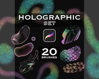 Könnte beinhalten: Ein digitales Pinselset für Procreate mit dem Titel HOLOGRAPHIC SET 20 BRUSHES. Das Bild zeigt verschiedene abstrakte Formen mit irisierenden, holografischen Texturen in Lila-, Grün- und Blautönen vor einem dunklen Hintergrund sowie das Procreate-App-Symbol.