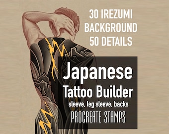 Könnte beinhalten: Eine digitale Illustration eines Rückens mit schwarz-grauen Tattoo-Motiven und gelben Blitz-Akzenten. Der Text lautet 30 IREZUMI BACKGROUND 50 DETAILS Japanese Tattoo Builder sleeve, leg sleeve, backs PROCREATE STAMPS.