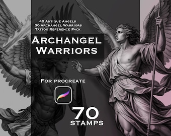 70 Archangel Procreate Stamps | 40 Antique Angels & 30 Armored Archangel Warriors | Tattoo Reference Pack