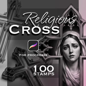 May include: A digital graphic set featuring the text Religious CROSS FOR PROCREATE 100 STAMPS. The image displays three ornate gothic-style crosses, one of which contains a detailed illustration of a weeping figure with a veil.