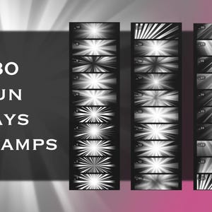May include: A digital collection of 30 sun rays stamps displayed in three vertical columns. Each rectangular stamp features a unique black and white graphic pattern of radiating light beams. The text +30 SUN RAYS STAMPS is visible on the left.