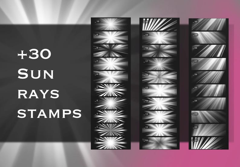 May include: A digital collection of 30 sun rays stamps displayed in three vertical columns. Each rectangular stamp features a unique black and white graphic pattern of radiating light beams. The text +30 SUN RAYS STAMPS is visible on the left.