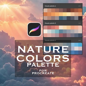 May include: A digital colour palette set for Procreate featuring three distinct cloud-themed colour swatches labelled Clouds palette 4, 5, and 6. The display includes the Procreate app icon and the text NATURE COLORS PALETTE FOR PROCREATE.
