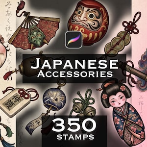 Peut inclure: Une collection numérique d'illustrations sur le thème japonais comprenant une poupée Daruma, un éventail masque Hannya, une poupée Kokeshi, des clochettes en laiton, un pinceau de calligraphie et des breloques. Texte : JAPANESE ACCESSORIES 350 STAMPS.